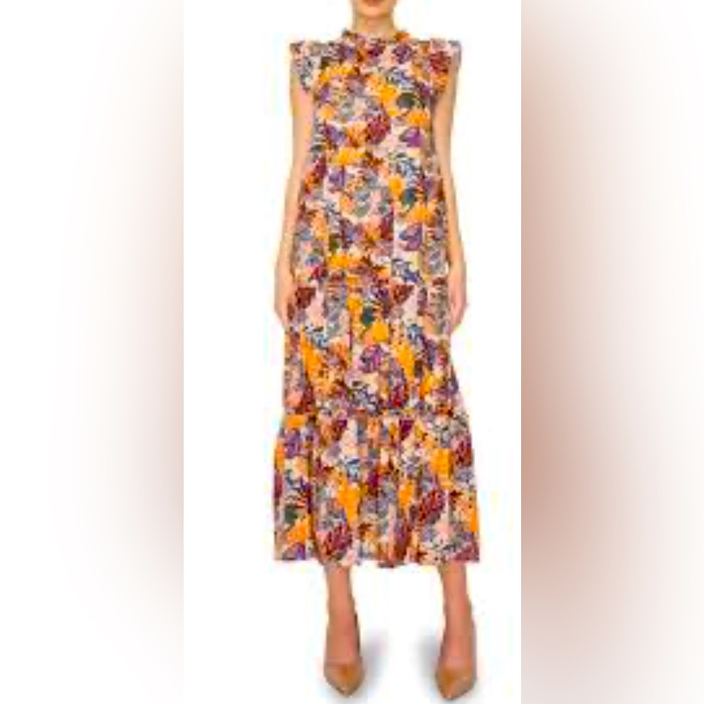 Melloday Nordstroms Flutter Sleeve Ruffle Neck Tiered Botanical Maxi Dress TB4